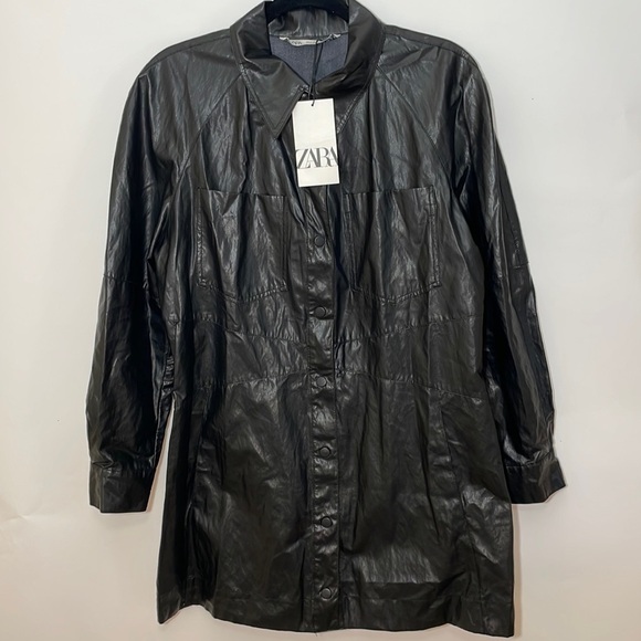 ZARA XL Faux Leather Long Sleeve Shirt Dress Snap Front Chest Pocket Black Mini - Picture 7 of 16
